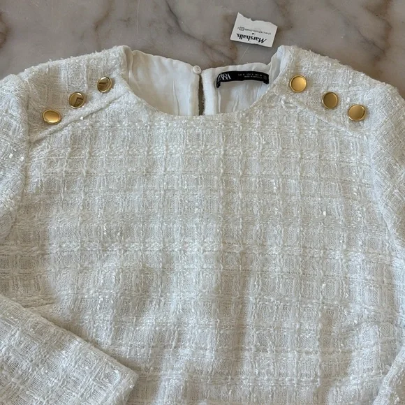 ZARA White Boucle Tweed Peplum Side Gold Button Structured Mini Dress Sz S NWOT - Picture 13 of 14